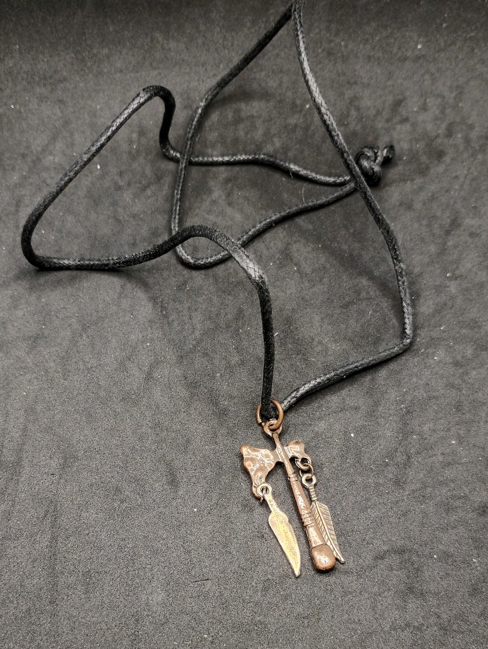 Unisex Black Cord Necklace with Bronze Arrow & Knife Charms